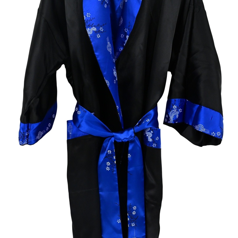 VTG Reversible Phoenix Dragon Kimono Robe Silk Satin Black Blue Pristine Boho - Picture 7 of 15